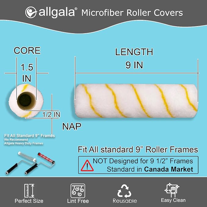 Allgala Paint Roller Covers, 6 Pack 9 Inch Shedless Lint Free Painter Roller Covers 1/2 in Roller Naps for Paint Roller Kit
