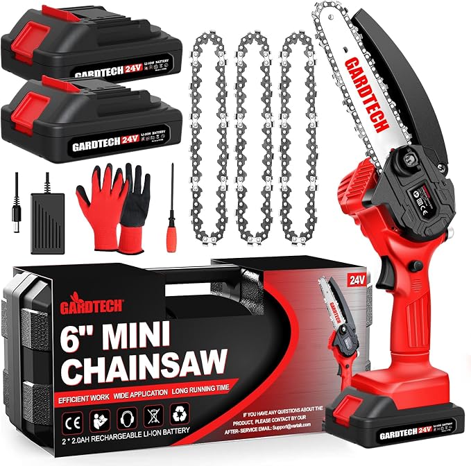 GARDTECH Mini Chainsaw 6 Inch, Cordless Portable Electric Chain Saw, Handheld Electric Chainsaws with Upgraded 4 Chains 2 Batteries Good for Olders, DIYer, Gardeners Continuously 2 Hours Work
