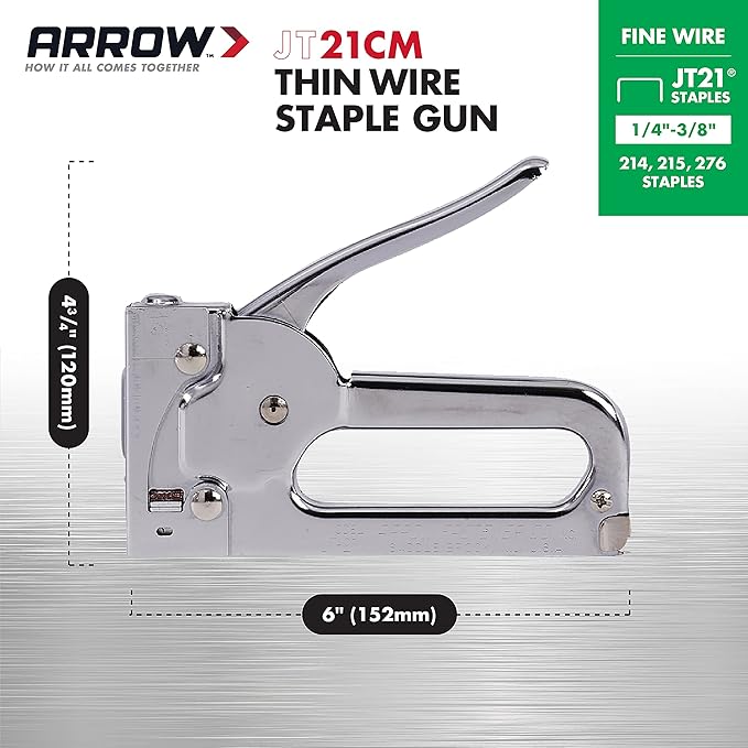 Arrow JT21CM Professional Light Duty Staple Gun for Upholstery, Crafts, Office, Fits 1/4", 5/16”, or 3/8" Staples