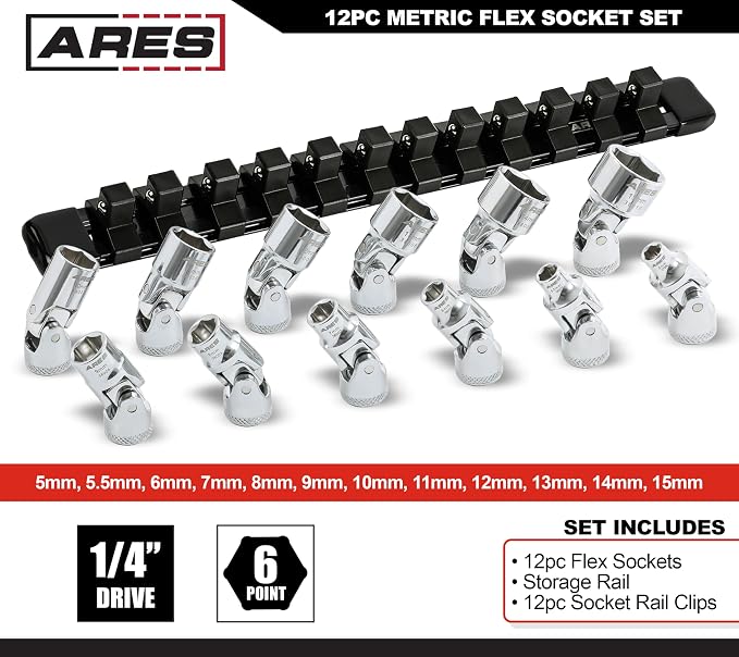 ARES 39009-CA 12-Pc 1/4in Swivel Socket Set, 6-Point, Metric | Chrome Vanadium Steel Sockets, Storage Rail