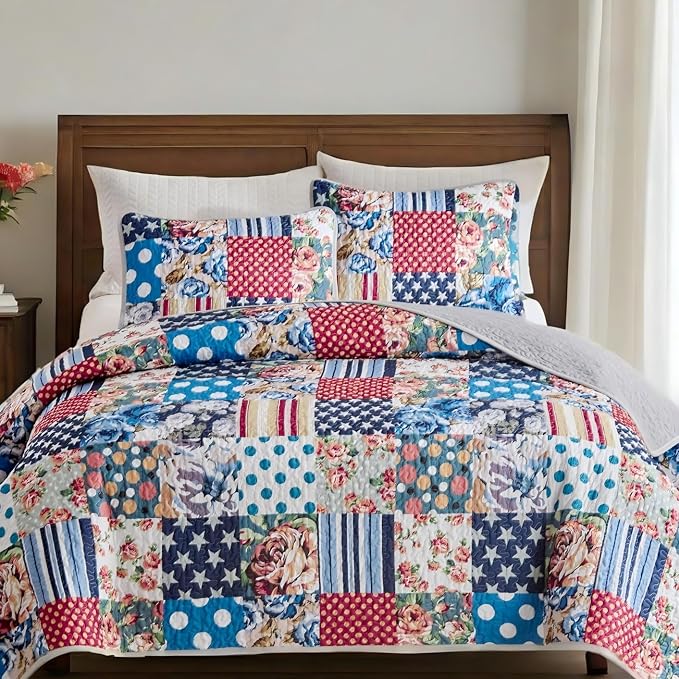 Quilts for Queen Bedding Set Bedspreads - Soft Lightweight Breathable Bedspread Comforter - Boho Cottagecore American Flag Patchwork Coverlet for All Season - 3 Pieces (New-Patchwork Flower, Queen)