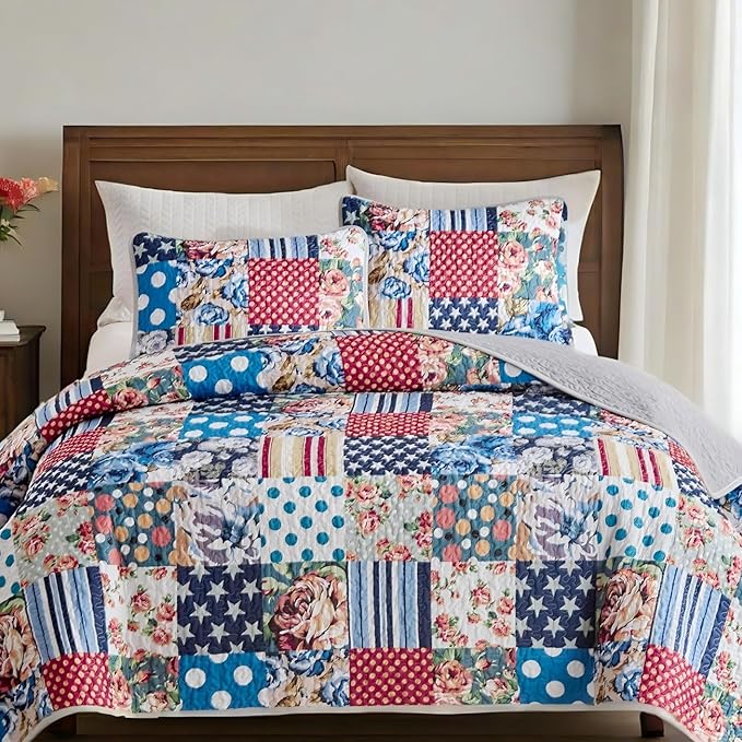 Quilts for Queen Bedding Set Bedspreads - Soft Lightweight Breathable Bedspread Comforter - Boho Cottagecore American Flag Patchwork Coverlet for All Season - 3 Pieces (New-Patchwork Flower, King)