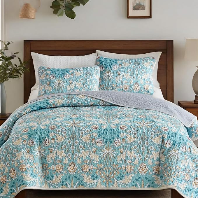 Quilts for King Bedding Set Teal Blue Bedspreads - Soft Lightweight Breathable Bedspread Comforter - Boho Cottagecore Flower Coverlet for All Season - 3 Pieces (New-Teal Blue, King)