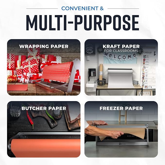 Bryco Goods - 18 Inches All Paper Roll Dispenser and Cutter Made of Heavy-Duty Steel Frame & Sharp Blade. Holds, Dispenses & Cuts. Wall Mountable & Non-Slip Tabletop. Ideal Butcher Paper Dispenser