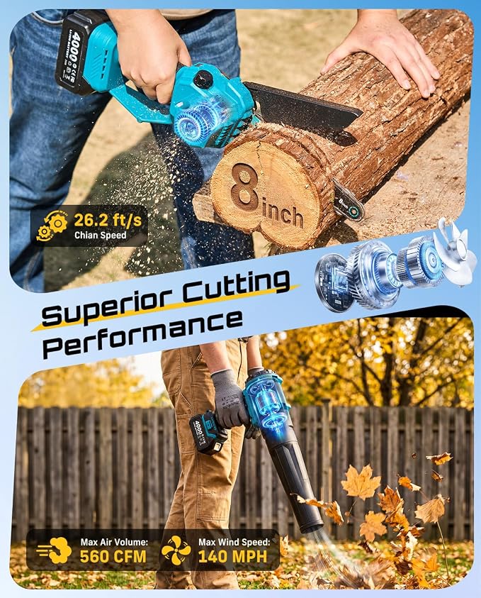 SEESII 4-in-1 Cordless 8 Inch Pole Chainsaw & Leaf Blower Battery Powered | 2 x 4000mAh Batteries, Adjustable 180° 560CFM Hand Blower, Electric Saw with 10FT Extension Pole for Tree Trimming, Lawn Care
