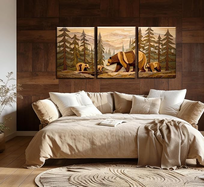Frimeeme 3-Piece Framed Rustic Forest Bear Canvas Wall Art,Woodland Cabin Decor, for Cabin, Farmhouse, Living Room, Bathroom,16x24 Inch