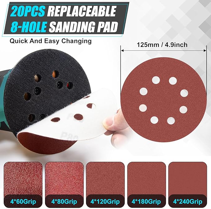 Cordless Random Orbital Sander Compatible for Makita 18V (TOOL ONLY), Electric Palm Orbital Sander With Dust Collector, 6 Variable Speeds, 20Pcs Sandpaper For Sanding Polishing Woodworking