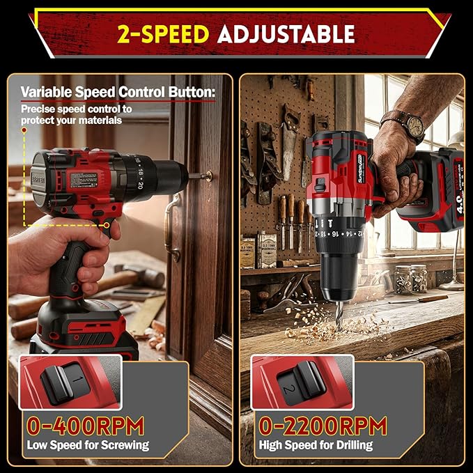 21V Cordless Hammer Drill - 1151In-lbs High Torque Brushless Drill Set w/ 1/2" Metal Chuck & 20+3 Clutch & 4.0Ah Battery & Case - Power Drills for Home Wood Metal Brick Lightweight-Concrete