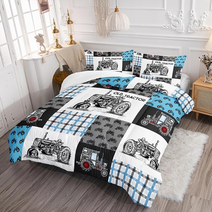 Axolotl Tractor Comforter Set King Size,Cartoon Truck Car Comforter Set for Boys,Farm Excavator Bedding with Old Tractor for Kids Boys Teens Adults,All Season,1 Quilt 2 Pillowcases