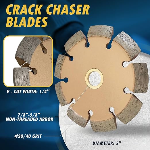 5" Crack Chaser Blade for Cured Concrete, Asphalt Repair or Joint Widen, 0.25" Width, 7/8"-5/8" Non-Threaded Arbor