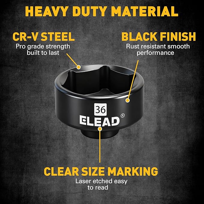 ELEAD 36 mm Oil Filter Socket Wrench, 3/8'' Drive 6-Point Oil-Filter Removal Tool, Metric Oil Filter Wrenches, Low Profile Design for Easy Removal, Chrome Vanadium Steel Oil-Change Tool