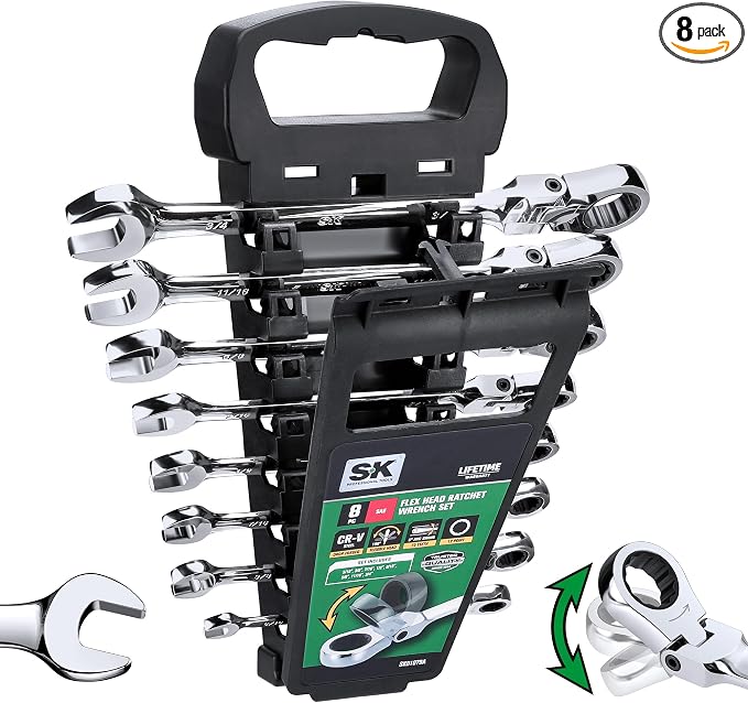 SK Flex Head Ratcheting Wrench Set, SAE 5/16" to 3/4", 8-Piece, 72-Tooth | Ratchet Wrenches Set, Combination Wrench Set, Chamfered Head Design, Premium CR-V Steel, Rack Organizer