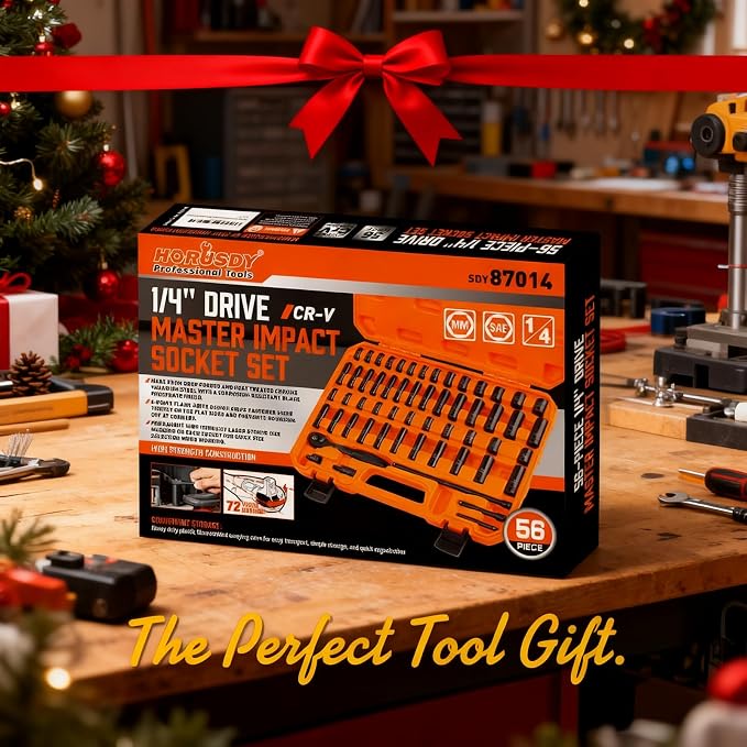 HORUSDY 56-Piece 1/4" Drive Impact Socket Set, Standard SAE (5/32 to 9/16 inch) and Metric (4-15mm) Size, 6 Point, Cr-V, 1/4-Inch Drive Ratchet Wrench, Drive Extension Bar, Impact Universal Joint