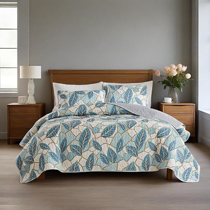 Quilts for King Bedding Set Green Bedspreads - Soft Lightweight Breathable Bedspread Comforter - Boho Cottagecore Leaves Coverlet for All Season - 3 Pieces (New-Green Leaves, King)
