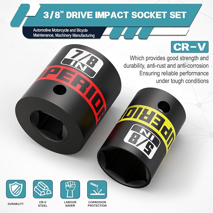 12 Piece 3/8" Drive Impact Socket Set, 5/16" - 1" Shallow Socket, SAE, 6 Point, CR-V, Automotive Motorcycle and Bicycle Maintenance, Machinery Manufacturing