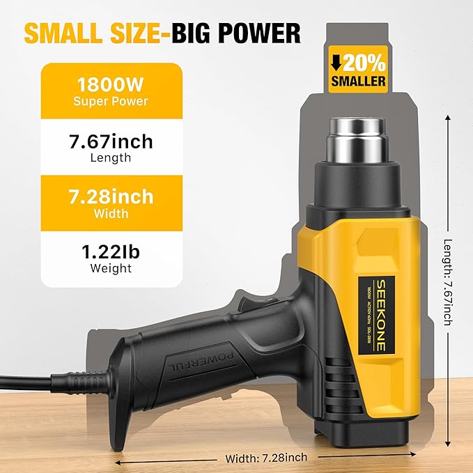 SEEKONE 1800W Heat Gun with LCD Digital Display Compact Design Hot Air Gun Variable Temperature Control 122℉-1202℉（50℃- 650℃）with Memory Function and 4 Nozzles for Crafts, Vinyl Wrap, Shrink Tubing