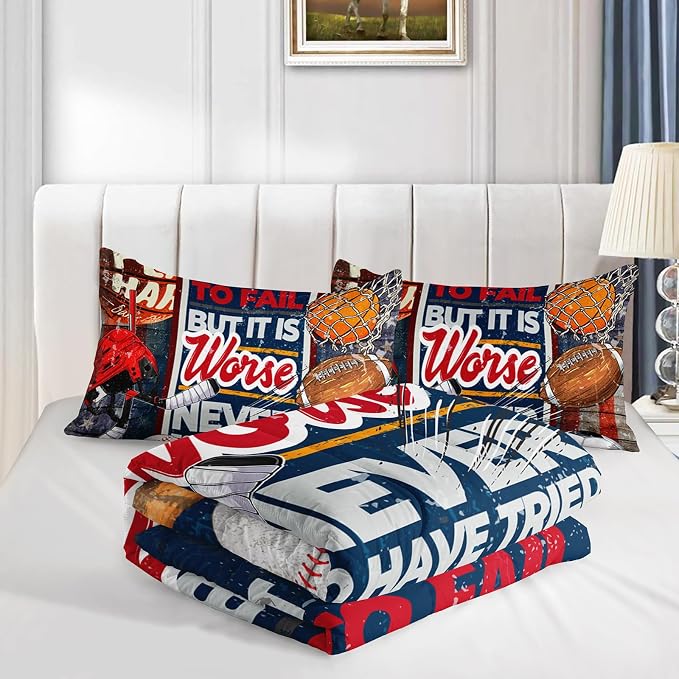 Axolotl Sports Comforter Set King Size,Ball Sports Theme Comforter Set,Football Baseball Sport Bedding,Rugby Sport Quilt,3D Soccer Basketball Bedding for Kids Boys Teens,1 Quilt 2 Pillowcases
