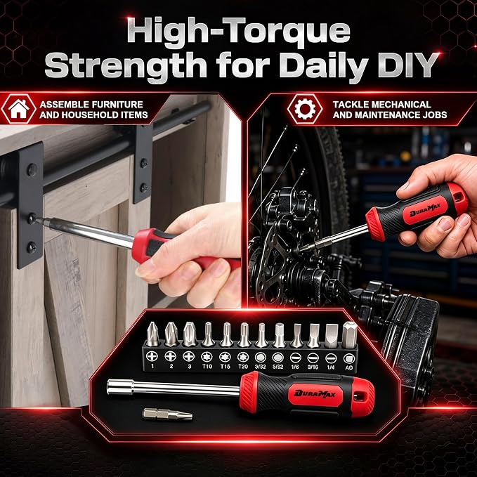 DuraMax Socket Set, 54-Piece Mechanic Tool Set with 1/4 & 3/8 Inch Drive SAE & Metric Sockets, Ratchet Wrench, Torx & Hex Bit Set, Extension Bar, Adapter and Storage Case