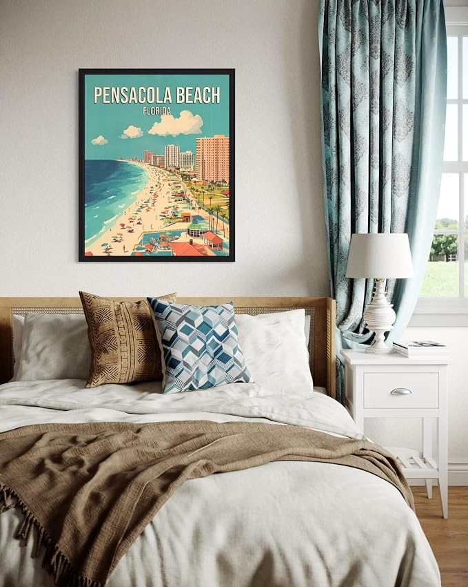 Pensacola Beach Florida Wall Art Print Poster, US Vintage Retro Beach Scenery Posters Prints for Restroom Home Picture Painting Artwork Gallery 219 (Pensacola Beach Florida, 16 x 20 inches, Black Frame)