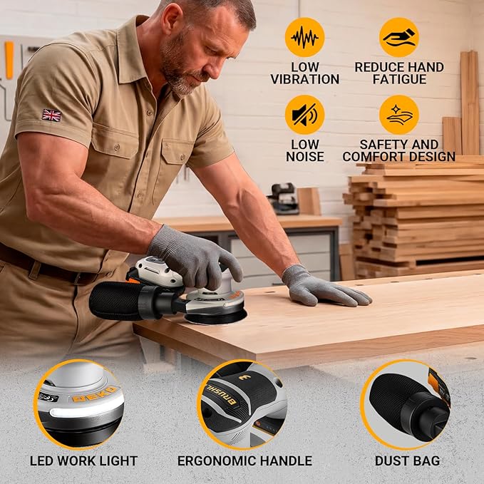 Cordless Orbital Sander: DEKOPRO 20V 5Inch Brushless Orbital Sander, 6000-12000RPM Electric Plam Sander Tool with Battery, Charger, Sanding Discs,Dust Box & Dust Pipe for Woodworking