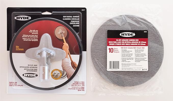 Hyde 09802 9-Inch Radial Sander Kit, Includes (1) 120-Grit Sanding Sheet + (10) 180-Grit Sanding Discs– Drywall Sanding Tool with Pivoting Head