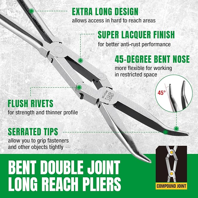 SK 13'' Long Needle Nose Pliers, Double Compound 45° Bent Nose Pliers