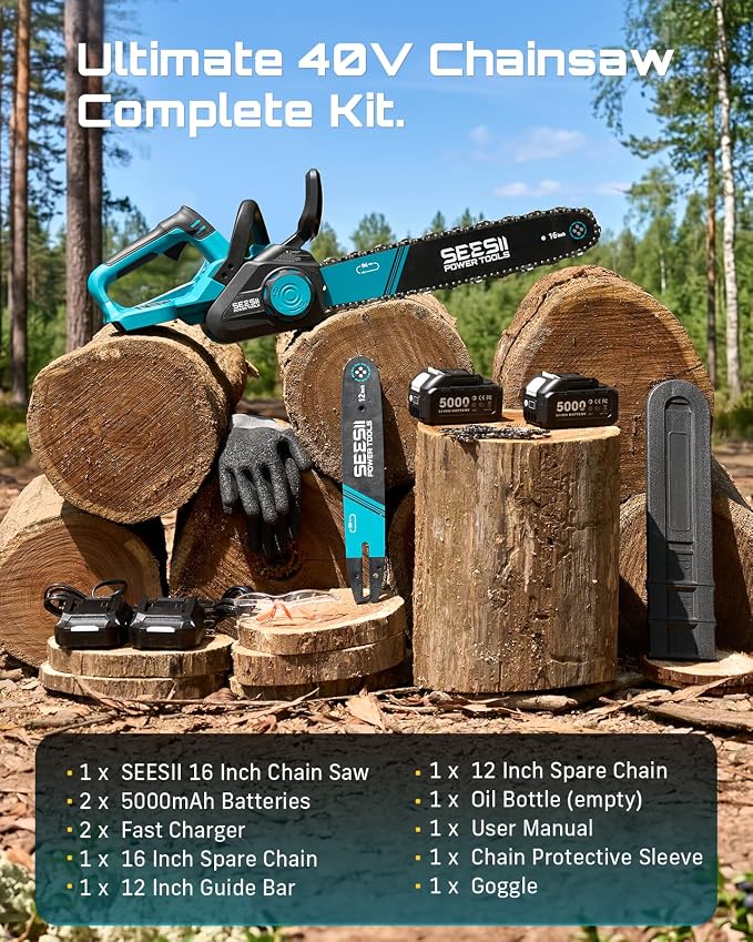 SEESII 40V 16 Inch & 12 Inch Cordless Electric Chainsaw 2×5.0Ah Batteries | 1600W Brushless Chain saw with Tool-Free Chain Tension, Auto Oiling for Tree Trimming, Firewood, Storm Cleanup,42ft/s