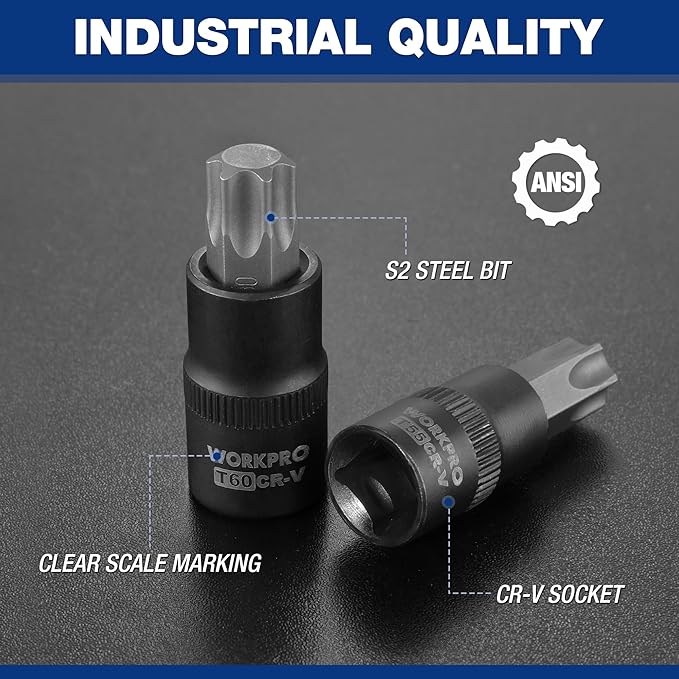 WORKPRO Torx Bit Socket Set, Premium S2 Bits & CR-V Sockets,13-Piece T8-T60