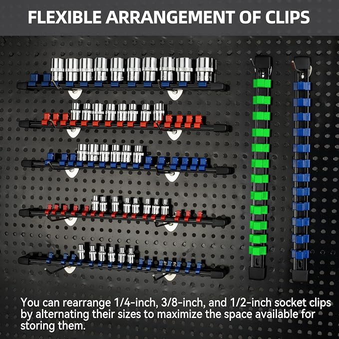 Reniteco 18-Pack Socket Organizer Set, 1/4" x 96 3/8" x 90 1/2" x 72 Clips | 258 Clip Capacity, Havy-Duty ABS Socket Rails, Removable Clips, Drive Socket Storage, Toolbox Drawer or Wall Mount