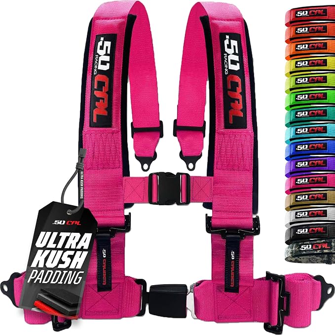1pc 50 Cal Pink 4 Point Harness 2in Straps, Racing Harness Seat Belt | Ultra Kush padding, Push Button quick release hardware. Universal Fit for UTV, RZR, race car.