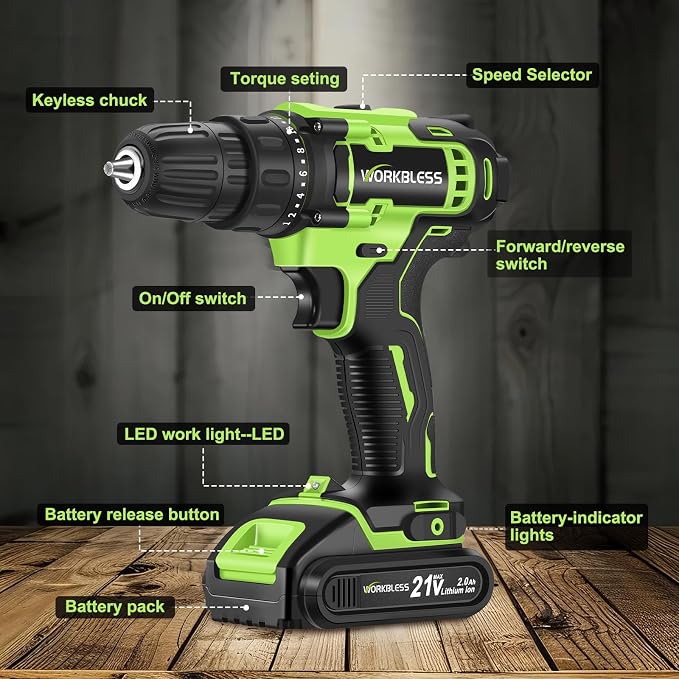 WORKBLESS 21V Power Drill Set, Cordless Drill with Batteries and Charger, 3/8'' Keyless Chuck, Variable Speed, 18+1 Torque Setting and 28pcs Bits Tool Set(Green, 2 Batteries)