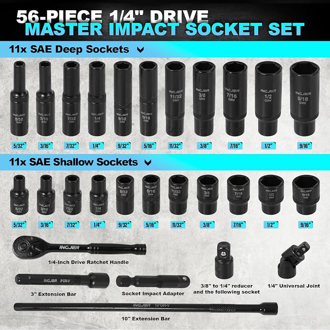 Socket Set 1/4, 56 Piece Impact Socket Set Metric and Standard Full | 6 Point, Cr-MO, 1/4-Inch Drive Ratchet Handle, Drive Extension Bar, Impact Universal Joint,impact adapter