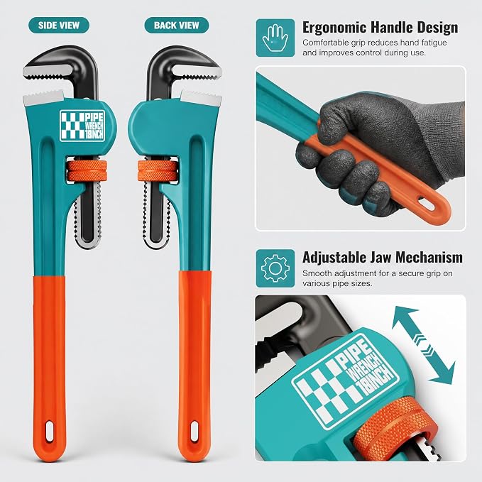 4Pcs Pipe Wrench, 8”,10",12”,14” Adjustable Straight Plumbing Wrench Set, High Drop-Forged jaws, Professional Pipeline Tool for Water Pipe Fittings, Mechanical assembly, Workshop Operations