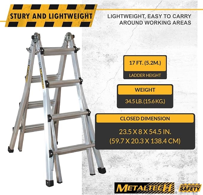 Metaltech E-MTL7100AL Jobsite Series 18-ft.-Reach Aluminum Telescoping Multi-Position Step Ladder for Home Improvement and Construction, Multipurpose Extension Ladder, Step Ladder, Scaffolding Support