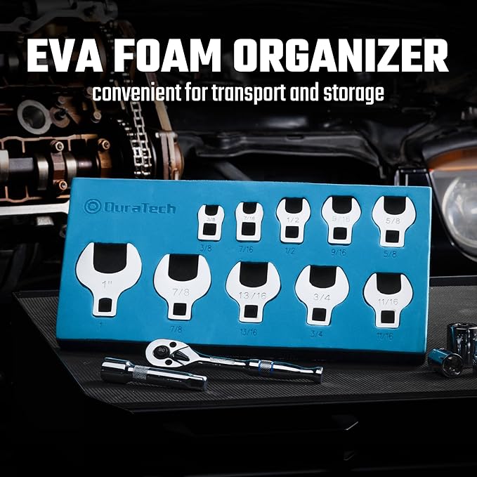 DURATECH 10-Piece 3/8" Drive Crowfoot Wrench Set, Open End Wrench Set, SAE, 3/8"-1", CR-V Steel, with EVA Foam Tool Organizer