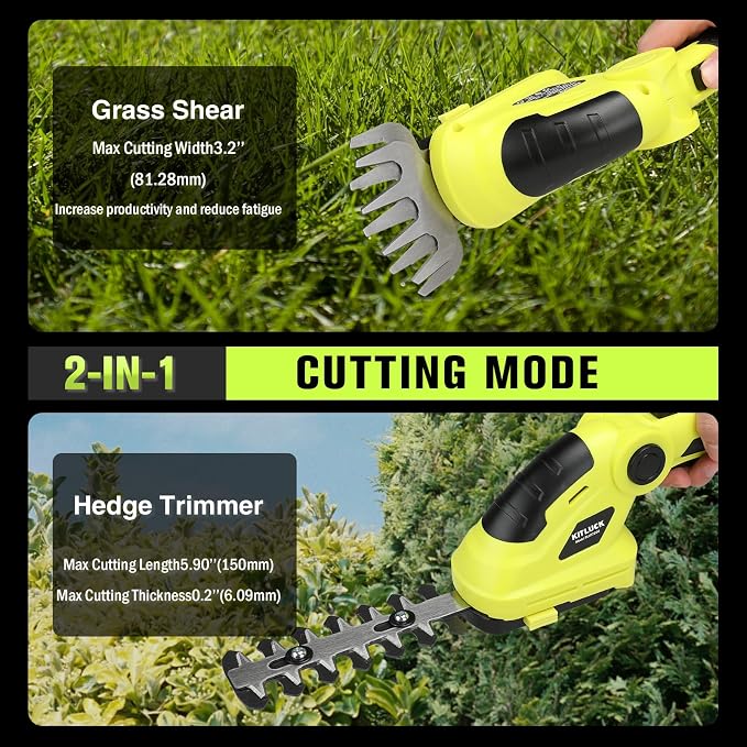 KITLUCK 8V Cordless 2-in-1 Grass Shear & Hedge Trimmer,Handheld Electric Grass Trimmer Hedge Shears/Grass Cutter with 2.0Ah Rechargeable Power and Type-C Cable for Yard, Garden, Lawn Care