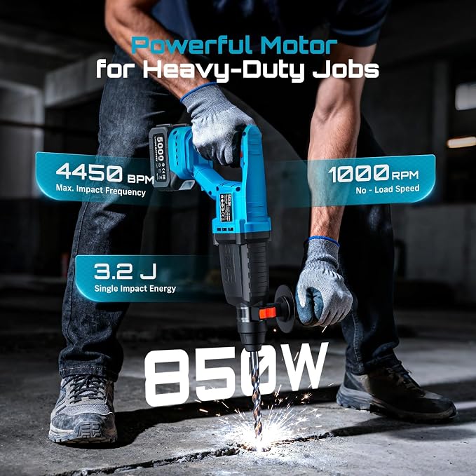 Seesii 1" Cordless SDS-Plus Rotary Hammer Drill with 2x5.0Ah Batteries, 3.2J Impact Energy Brushless Motor, 4-Mode with Kickback protection, Chisels, Drill Bits for Concrete Drilling & Home Renovation