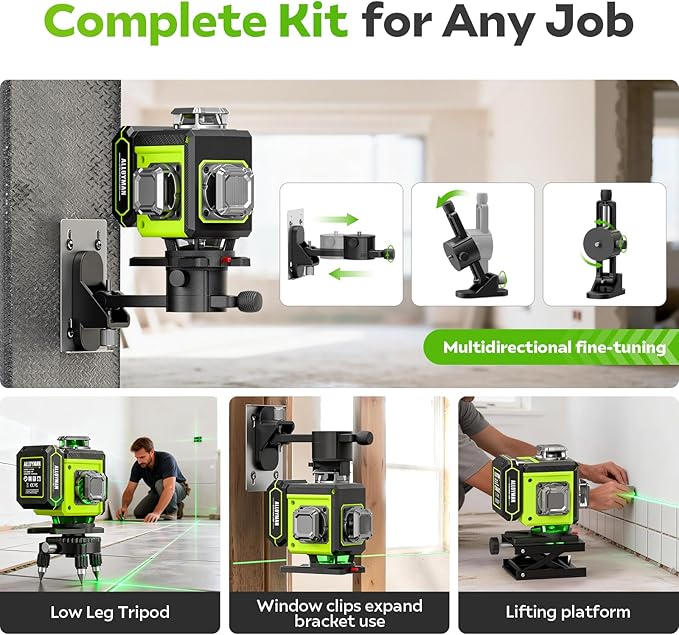 Alloyman Laser Level with Tripod, 4 × 360° Self Leveling Laser Level, Nivel Laser Green Line Lazer Leveler Tool for Picture Hanging, Home Renovation, Indoor Project, 2*Battery&Carrying Bag Included
