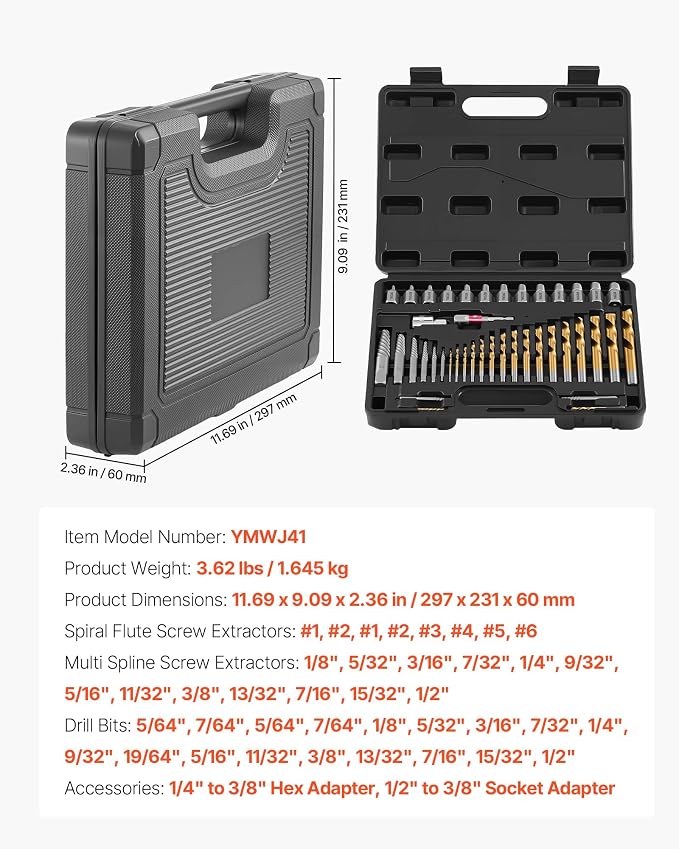 VEVOR 41-Piece Screw Extractor and Left Hand Drill Bits Set, Easy Out Screw Extractor Kit with HSS Steel Reverse Drill Bit for Broken Nuts, Stripped Bolts Remove, Adapters