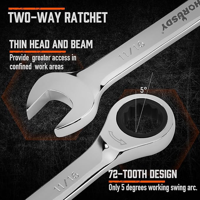 HORUSDY 24-Piece Ratcheting Wrench Set | Metric and SAE | Ratchet Combination Wrenches Set with Organizer | 72-Tooth | Chrome Vanadium Steel | 6-18 mm & 1/4” to 3/4“ (24-Piece)