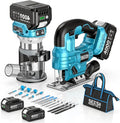 SEESII Cordless Jigsaw and Wood Router Tool Combo Kit | with Batteries and Charger, Brushless Aluminum Palm Router, 0-45° Bevel Jig Saw, Adjustable Speed for Cutting & Trimming