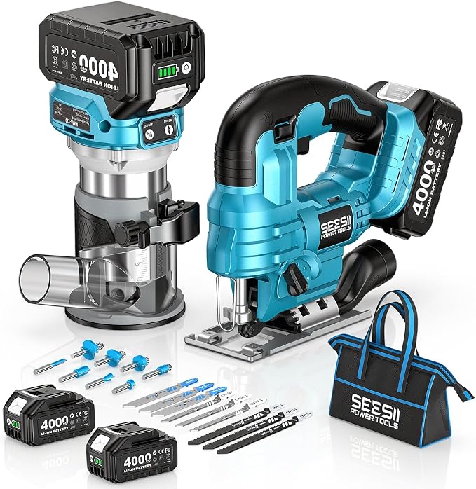 SEESII Cordless Jigsaw and Wood Router Tool Combo Kit | with Batteries and Charger, Brushless Aluminum Palm Router, 0-45° Bevel Jig Saw, Adjustable Speed for Cutting & Trimming