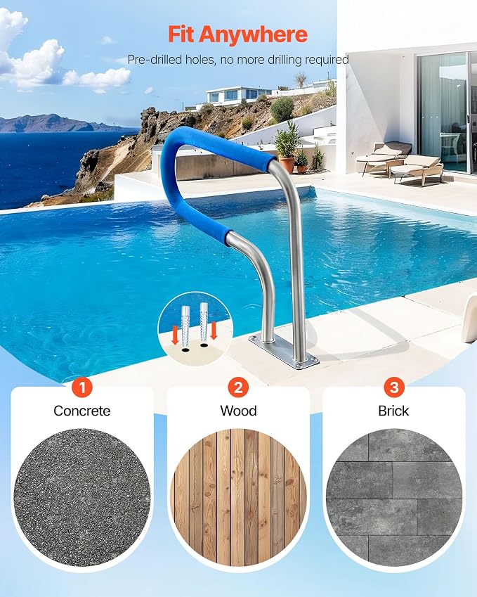 VEVOR Pool Rail, 31 x 22 inch Pool Handrail, 220 lbs Load Capacity Heavy Duty 304 Stainless Steel Swimming Handrail, Detachable Nonslip Sleeve, Rich Accessories, for Poolside, Water Parks, Spa Centers