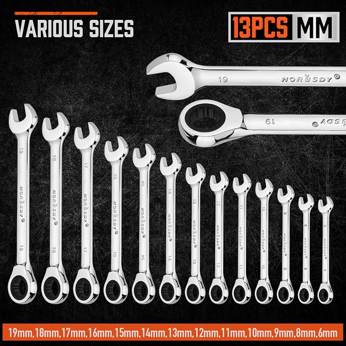 HORUSDY 13-Piece Sturdy Ratcheting Wrench Set | Metric Sizes 6–19mm | Max Torque Ratchet Combination Wrenches Set with Storage Rack | 72-Tooth | Chrome Vanadium Steel