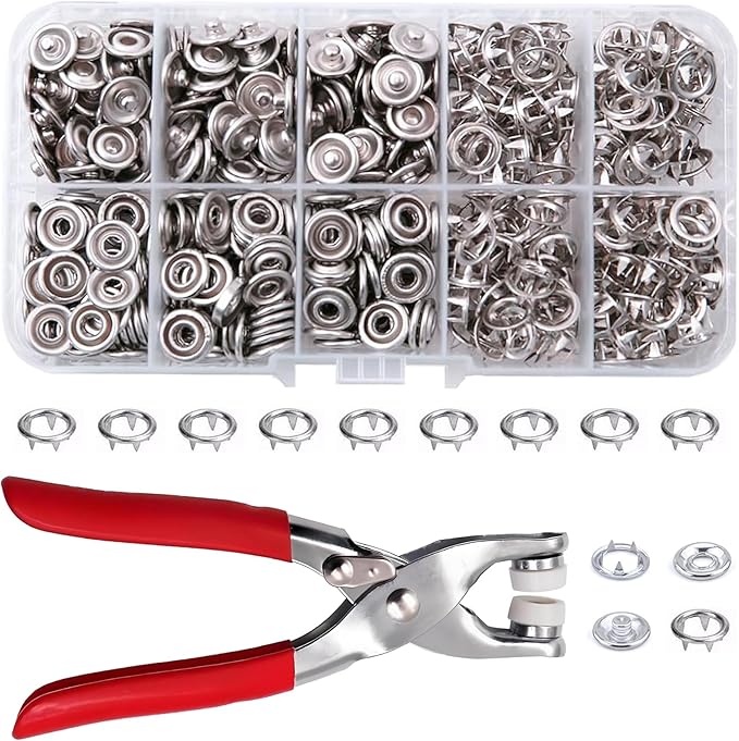 50 Sets Metal Snaps Buttons with Fastener Pliers Press Tool Kit, Prong Ring Snap Button Fasteners for DIY Crafts Clothes Hats and Sewing, Easy Installation for Fabric (9.5mm / 200 PCS) (Silver)