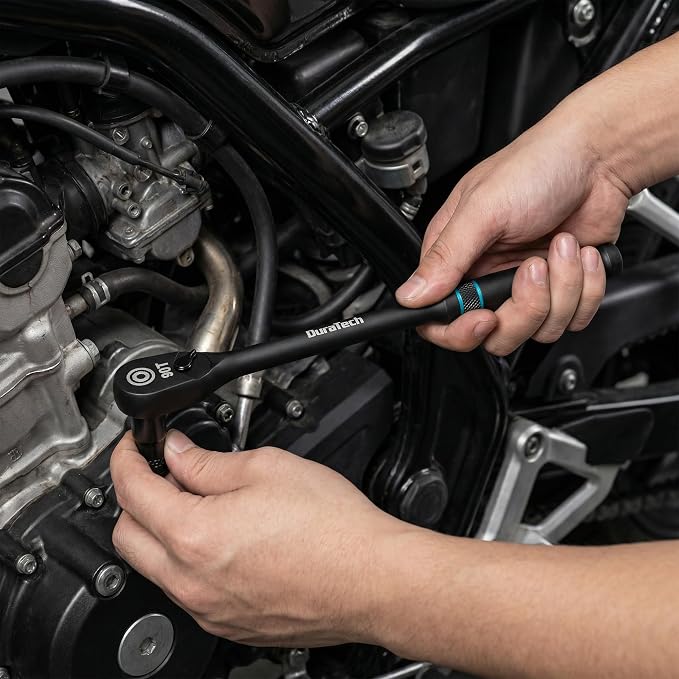 DURATECH Extra Long Handle 3/8-Inch Drive Ratchet, 90-Tooth Ratchet Wrench | Socket Wrench with 12" Handle and Dust Proof Teardrop Enclosed CR-MO Head, Reversible, CR-V Made, Black Mn Phosphate Finish