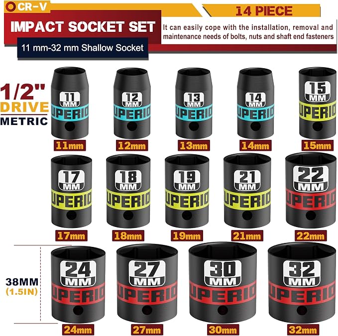 14 Piece 1/2" Drive Impact Socket Set, 11 mm-32 mm Shallow Socket, Metric, 6 Point, CR-V, Automotive Maintenance, Machinery Manufacturing