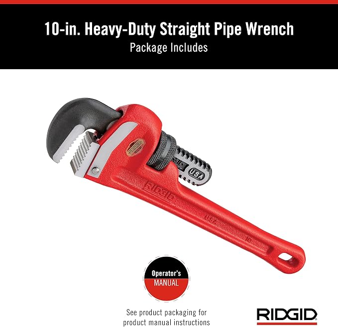 RIDGID 31010 Model 10 Heavy-Duty Straight Pipe Wrench, 10-inch Plumbing Wrench, Red, Black, 250mm (10in)
