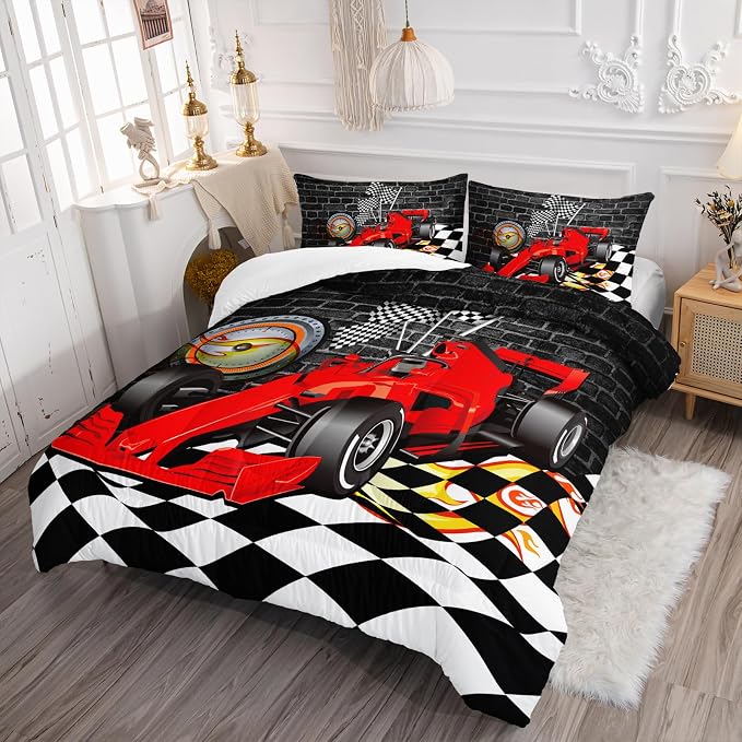 Axolotl Race Car Comforter Set King Size,Extreme Sports Bedding for Boys Teens Kids Girls Room Decor,Car Racing Bedding,Cool Speed Cars Quilt Bed Set with 1 Comforter 2 Pillowcases,Black Red