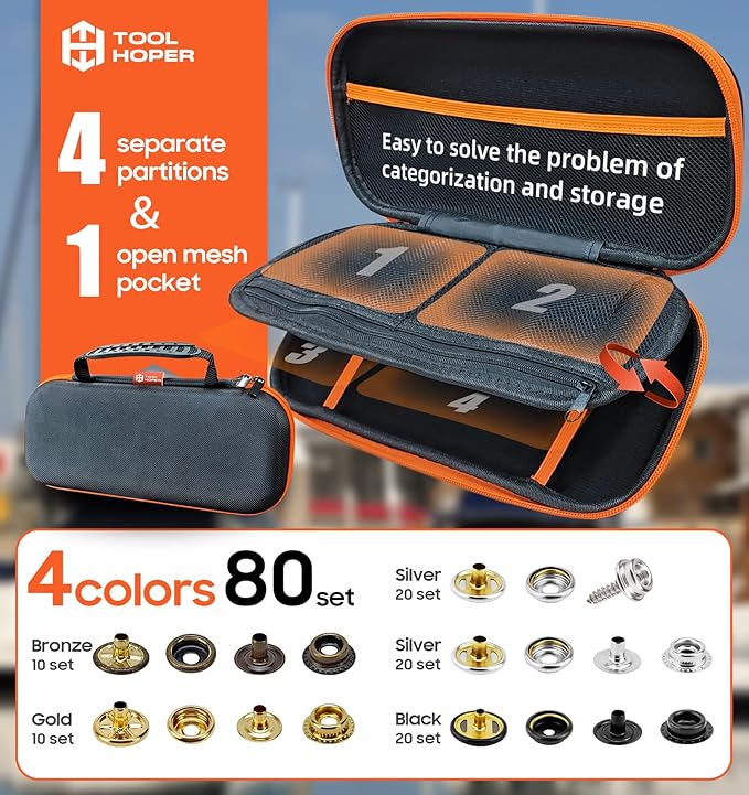 Snap Fastener Tool, Snap Installation Tool Kit, 4 Colors 300 Pcs of Boat Cover Snaps, Button Snap Kit with 15mm Canvas Snaps for Fabric, Tarps, Canvas, Leather